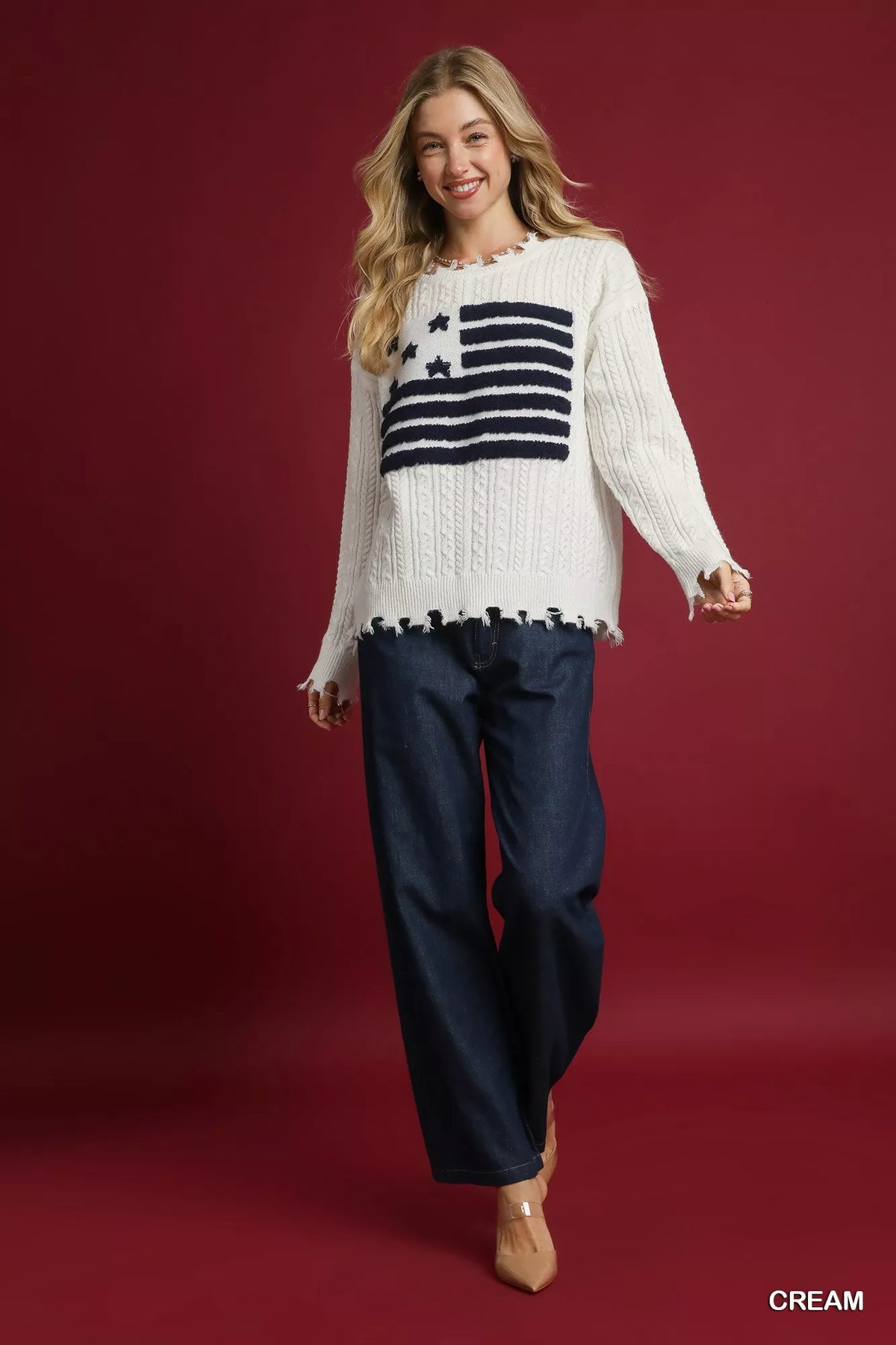 Umgee Distressed American Flag Sweater