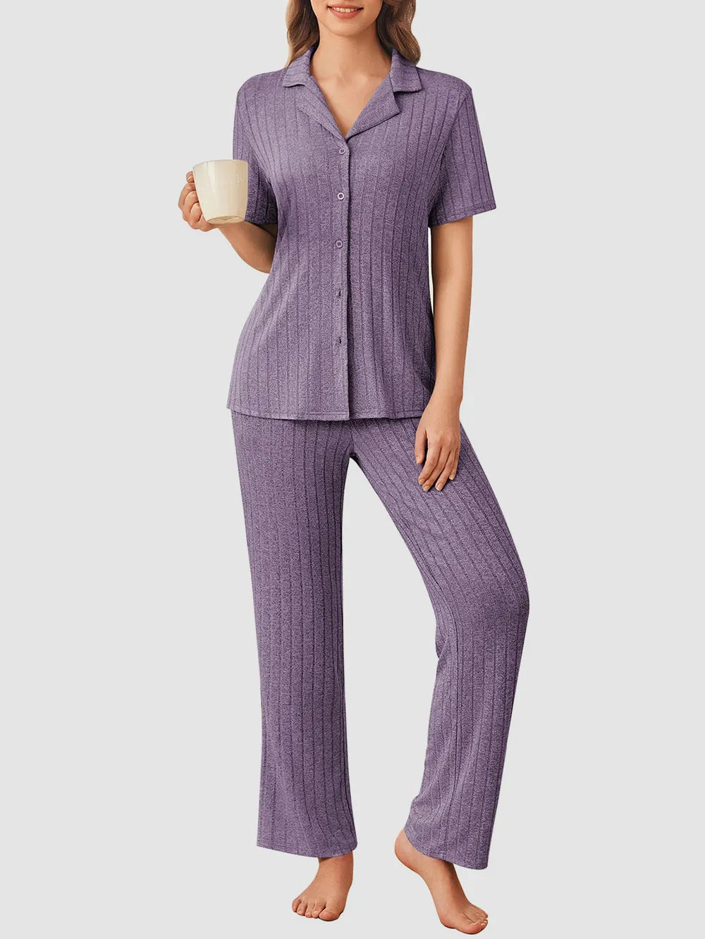 Button Down Long Sleeve Top and Pants Lounge Set - Ladyez