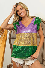 BiBi Mardi Gras Sequin Color Block RuffledTop