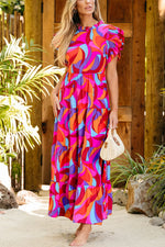 Full Size Printed Ruffled Mock Neck Tiered Dress - Ladyez