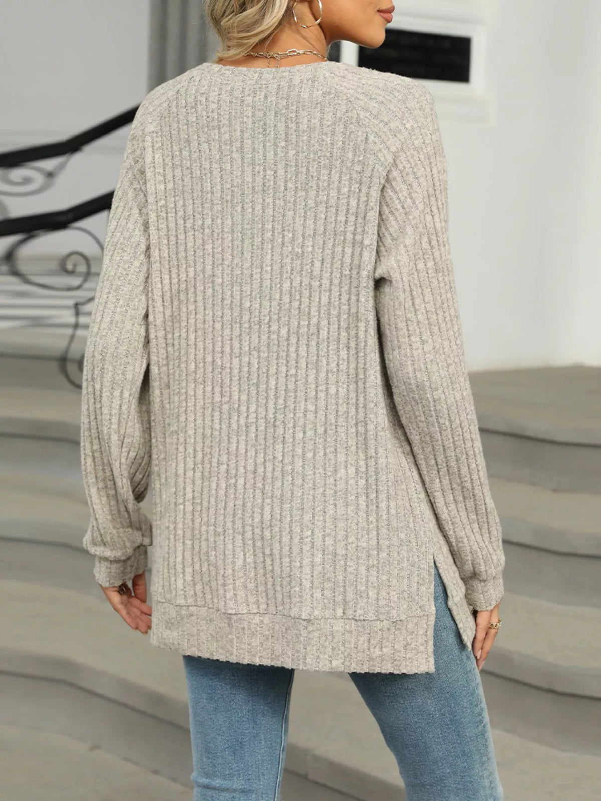 Round Neck Side Slit Ribbed Knit Top with Asymmetric Button Detail
