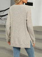 Round Neck Side Slit Ribbed Knit Top with Asymmetric Button Detail