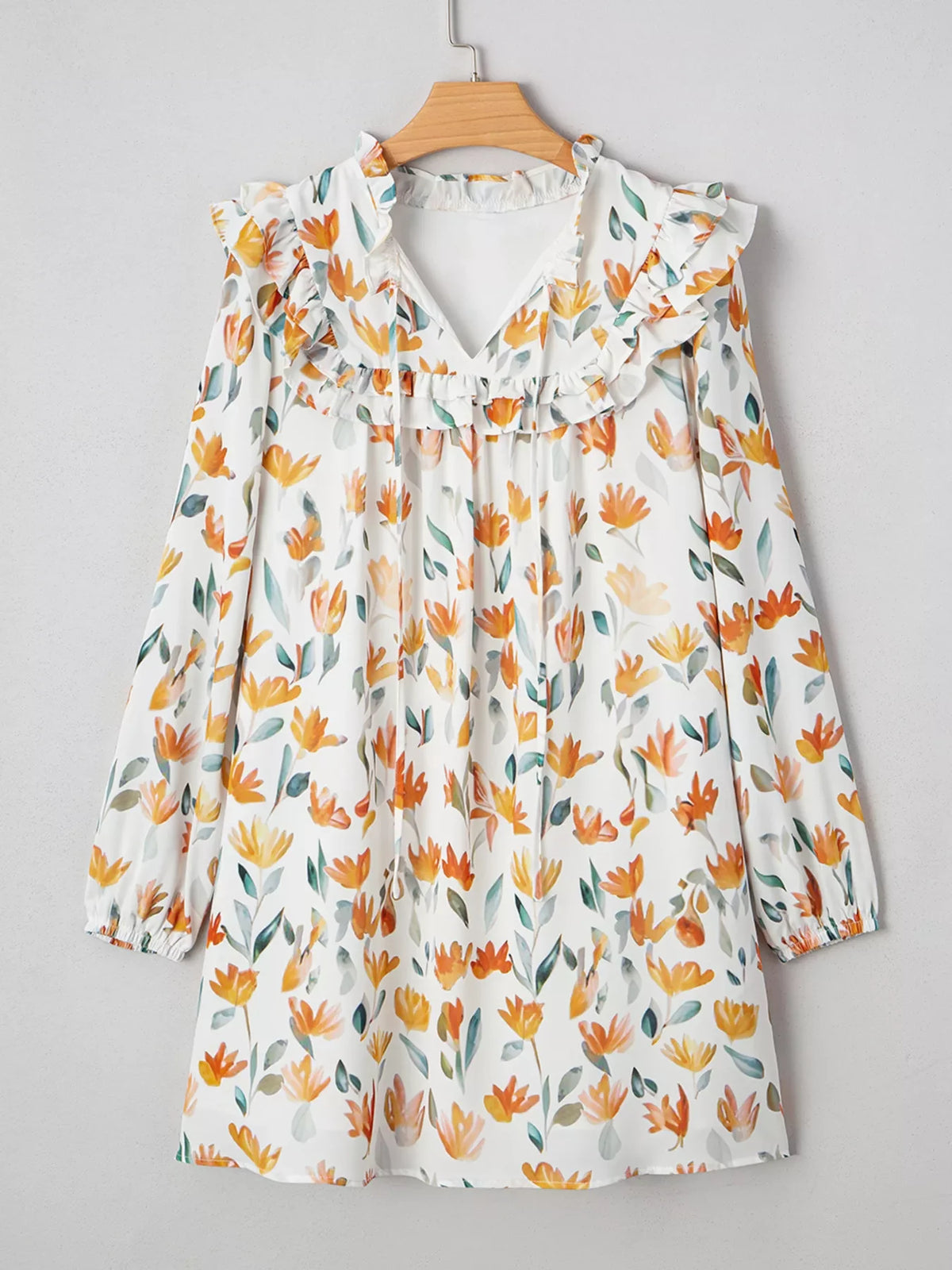 Floral Print Tie Neck Frilled Detail Long Sleeve Mini Dress