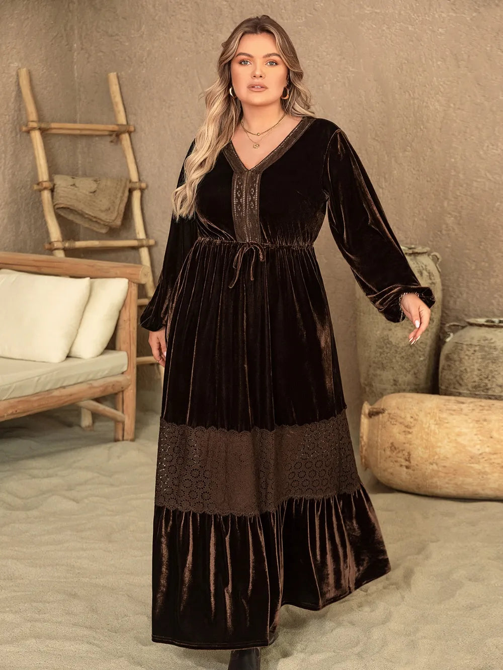 Plus Size V-Neck Balloon Sleeve Maxi Dress - Ladyez