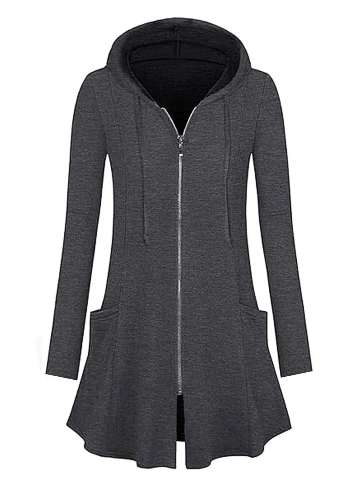 Longline Hooded Zip-Up Cardigan Coat with Flared Hem