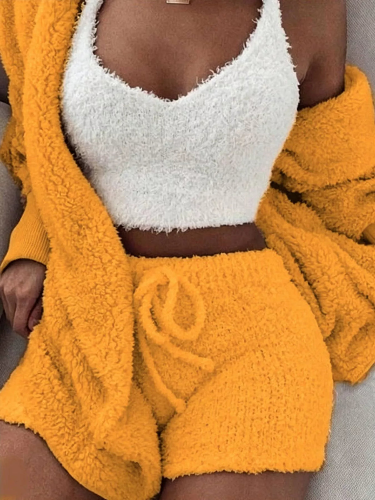 Full Size 3-Piece Fuzzy Plush Cardigan and Shorts Lounge Set with Crop Top Plus Size
