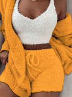 Full Size 3-Piece Fuzzy Plush Cardigan and Shorts Lounge Set with Crop Top Plus Size