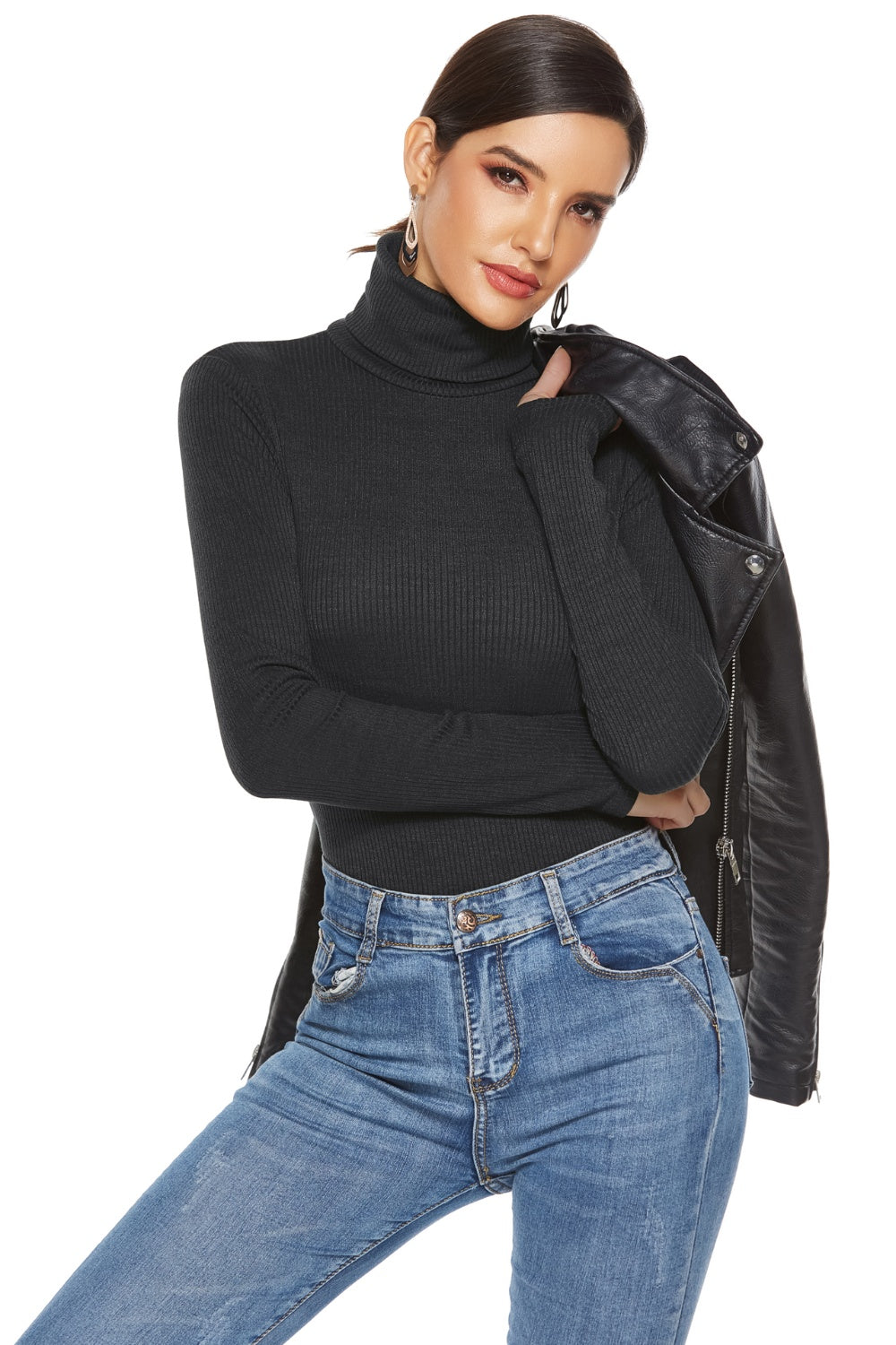 Ribbed Turtleneck Long Sleeve Bodysuit - Ladyez