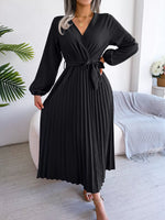 Elegant Pleated Front Tie Long Sleeve Dress
