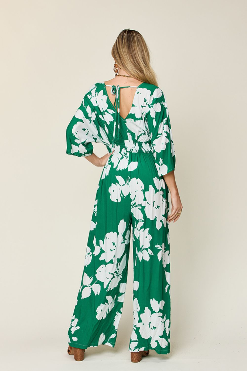 Double Take Full Size Printed Tie Back Wide Leg Jumpsuit - Ladyez