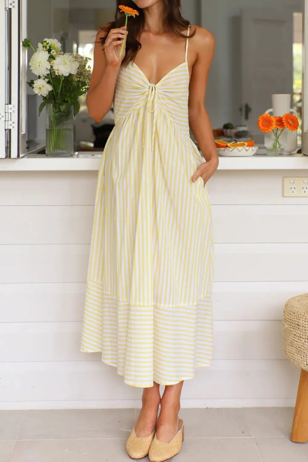 Smocked Back Striped Sleeveless Midi Dress