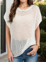 Openwork Round Neck Short Sleeve Cover-Up - Ladyez