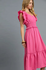 Umgee V-Neck Ruffled Cap Sleeve Midi Dress