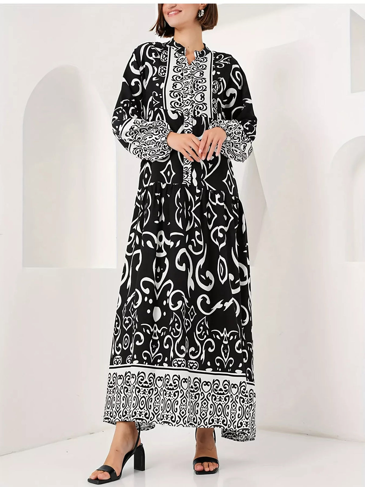 Printed Notched Balloon Sleeve Maxi Dress
