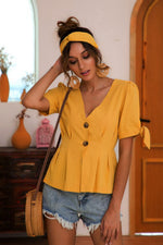 Buttoned V-Neck Short Sleeve Blouse