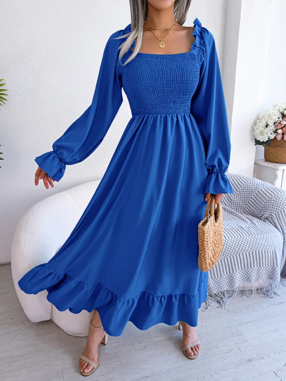Smocked Square Neck Flounce Sleeve Dress - Ladyez