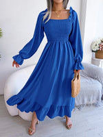 Smocked Square Neck Flounce Sleeve Dress - Ladyez