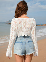 Drawstring Openwork Long Sleeve Cover-Up - Ladyez