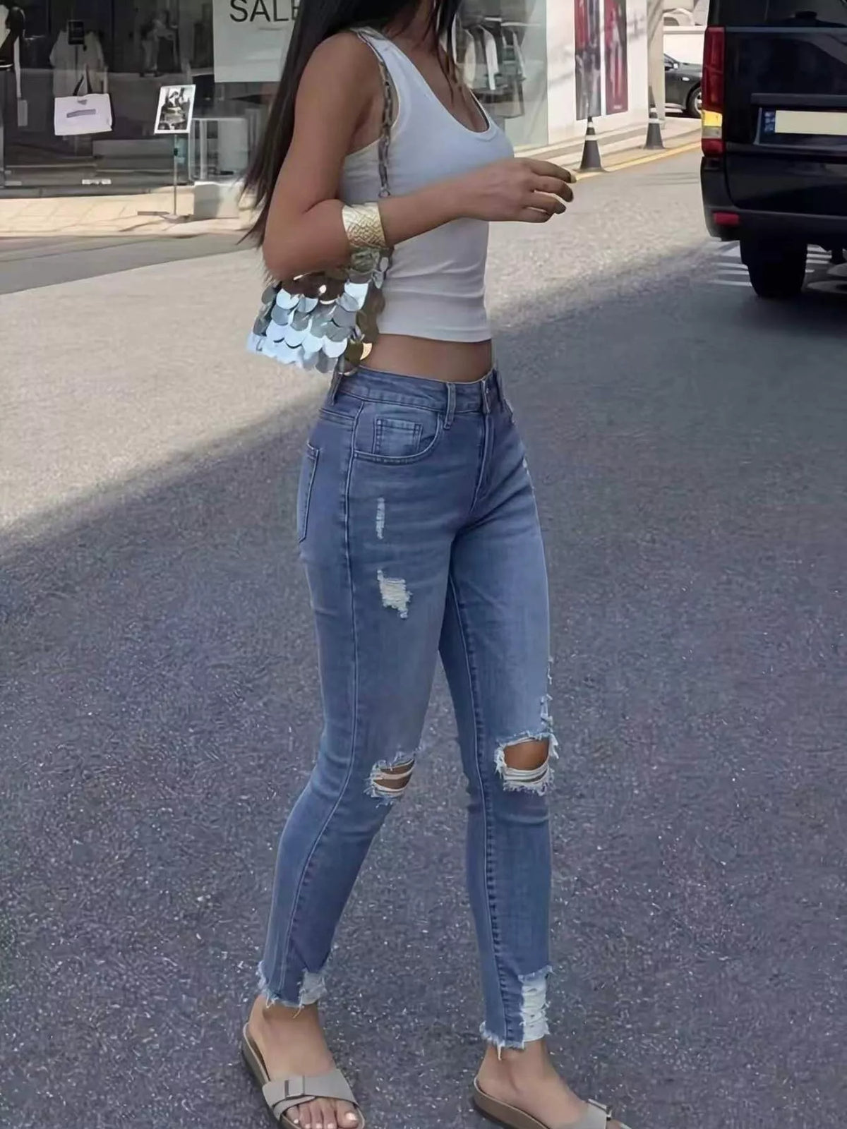High-Waisted Distressed Skinny Jeans