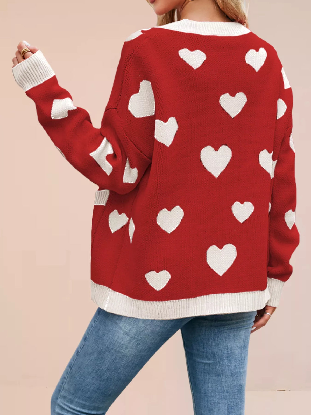 Heart Pattern Button-Up Knit Cardigan