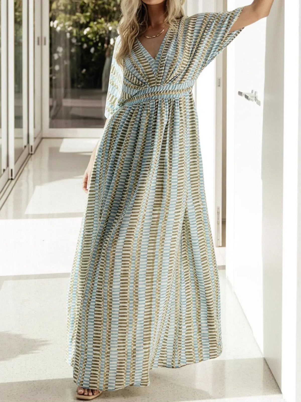 Slit V-Neck Short Sleeve Maxi Dress - Ladyez