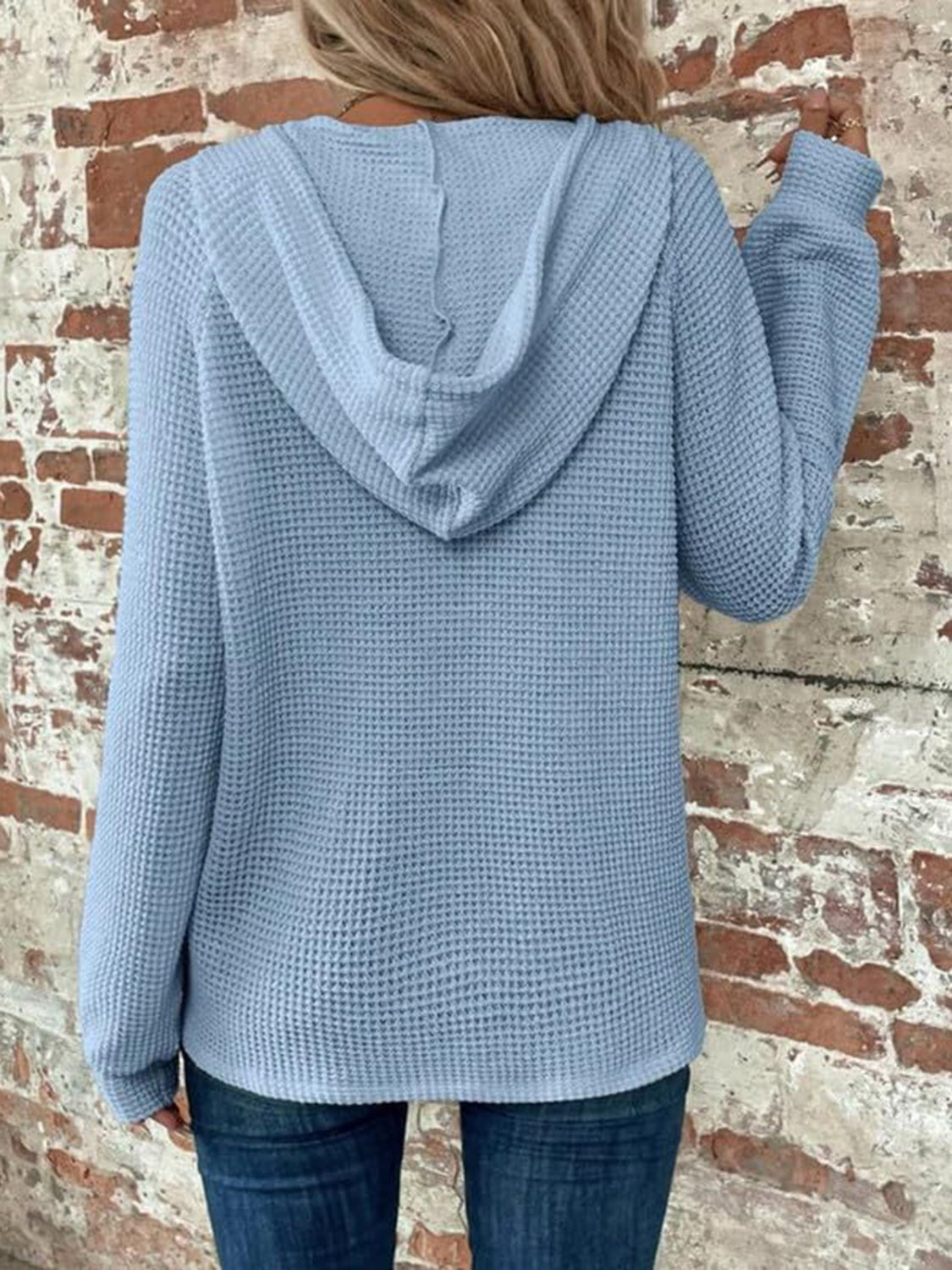 Waffle Knit Long Sleeve Drawstring Hooded Top - Ladyez