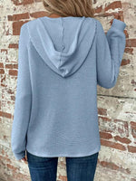 Waffle Knit Long Sleeve Drawstring Hooded Top - Ladyez
