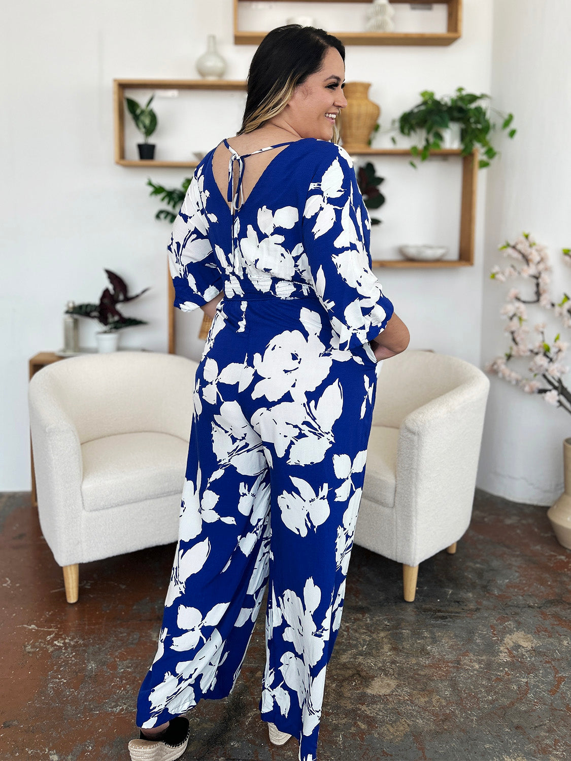 Double Take Full Size Printed Tie Back Wide Leg Jumpsuit - Ladyez