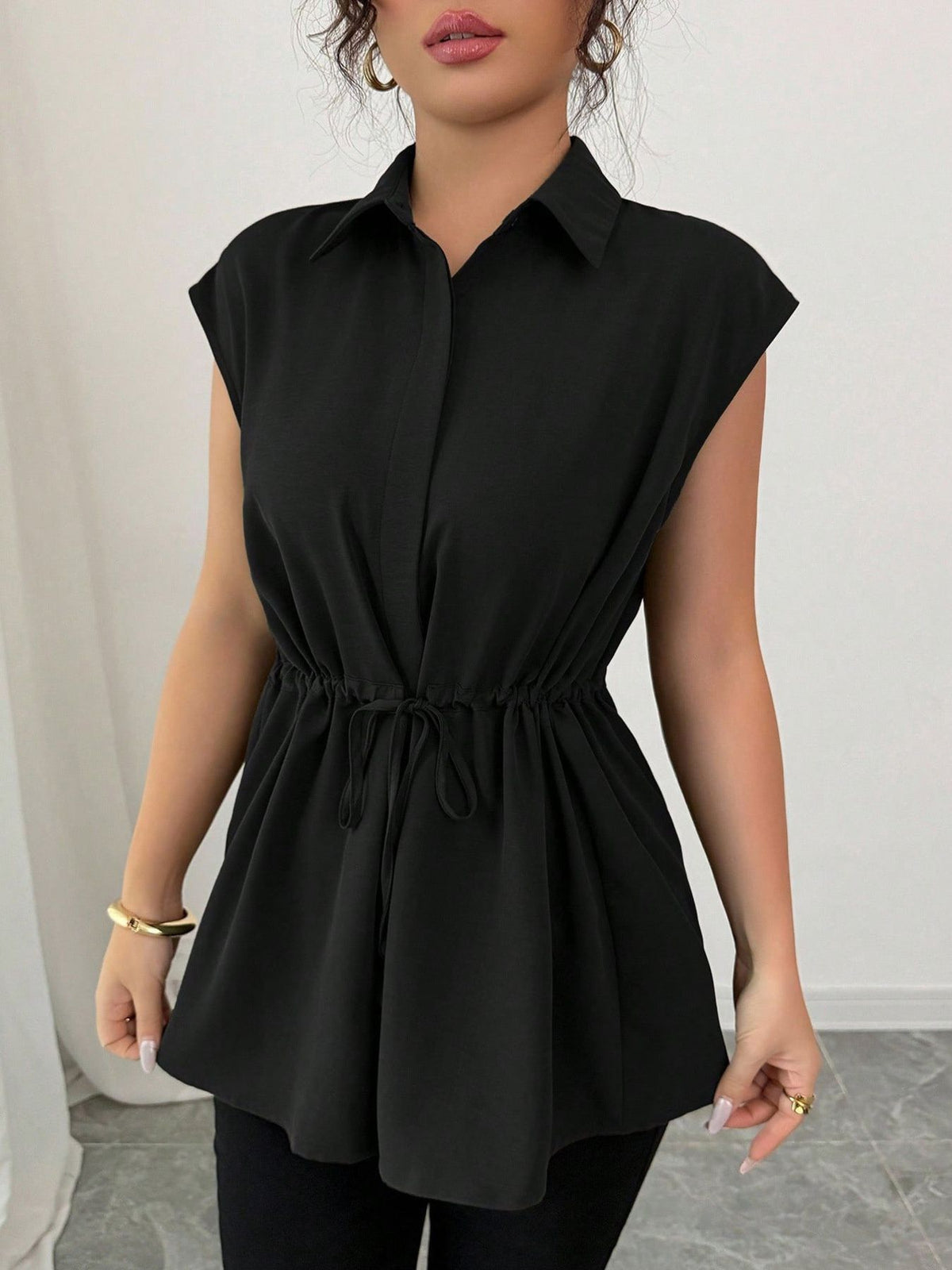 Drawstring Waist Cap Sleeve Shirt