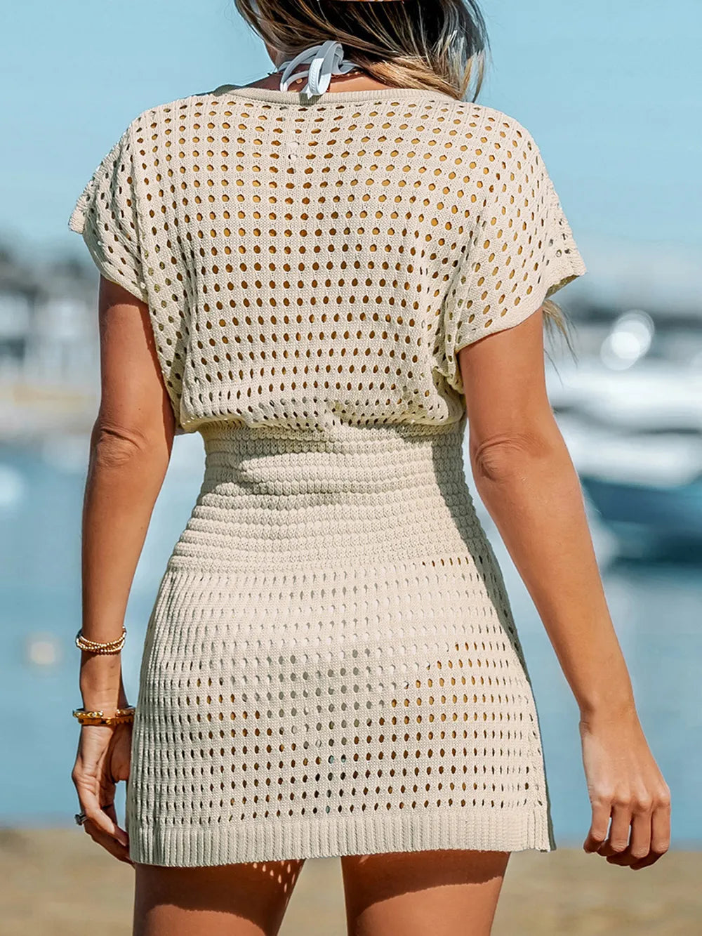 Openwork V-Neck Short Sleeve Cover Up - Ladyez