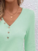 Waffle Knit Button-Detail V-Neck T-Shirt
