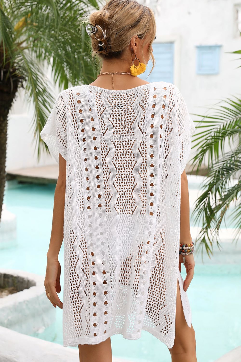 Angel Wings Openwork Plunge Dolman Sleeve Cover-Up Dress - Ladyez