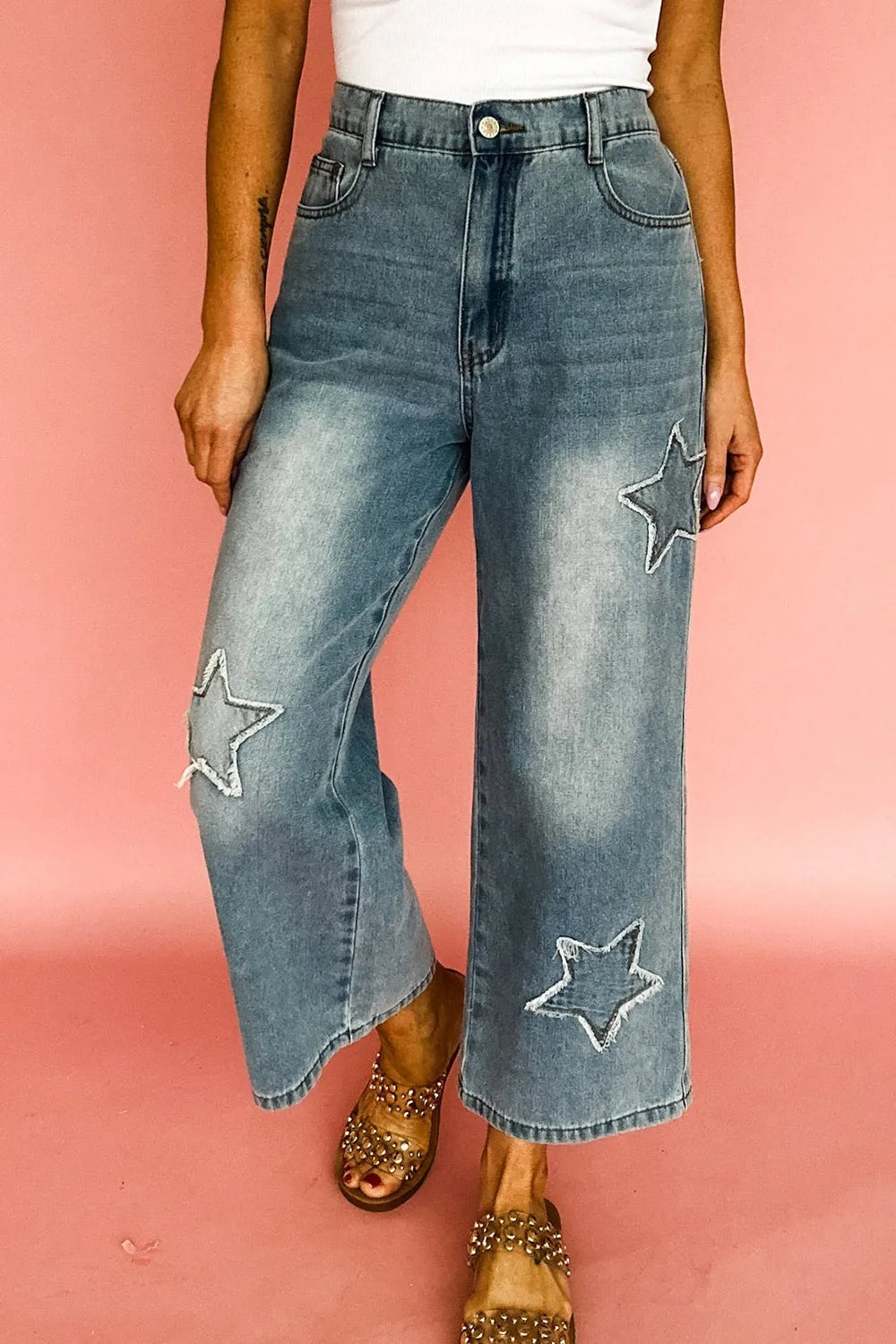 Star Embroidered High Waist Wide Leg Jeans - Ladyez