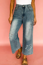 Star Embroidered High Waist Wide Leg Jeans - Ladyez