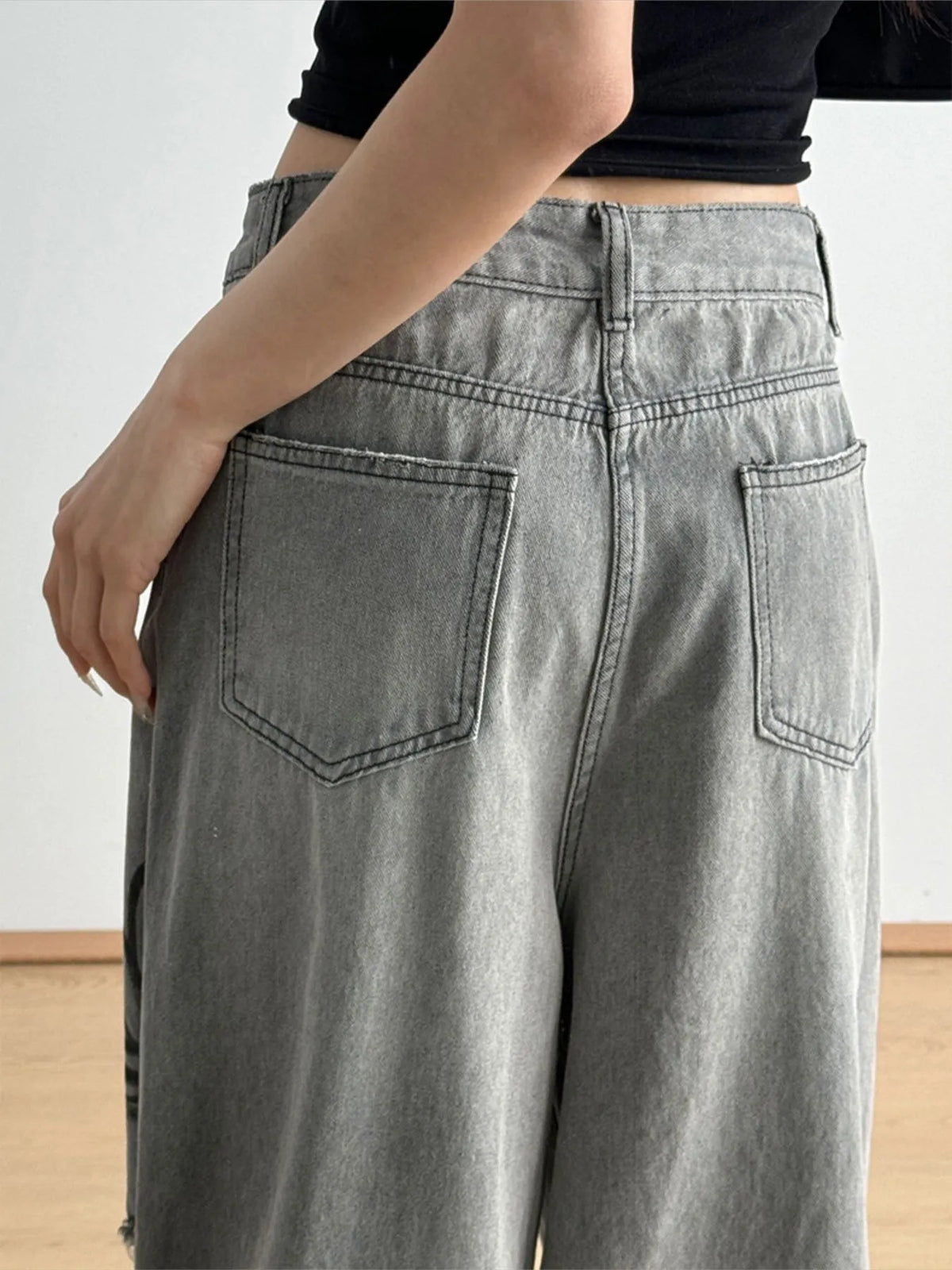 Printed Distressed Wide Leg Jeans - Ladyez