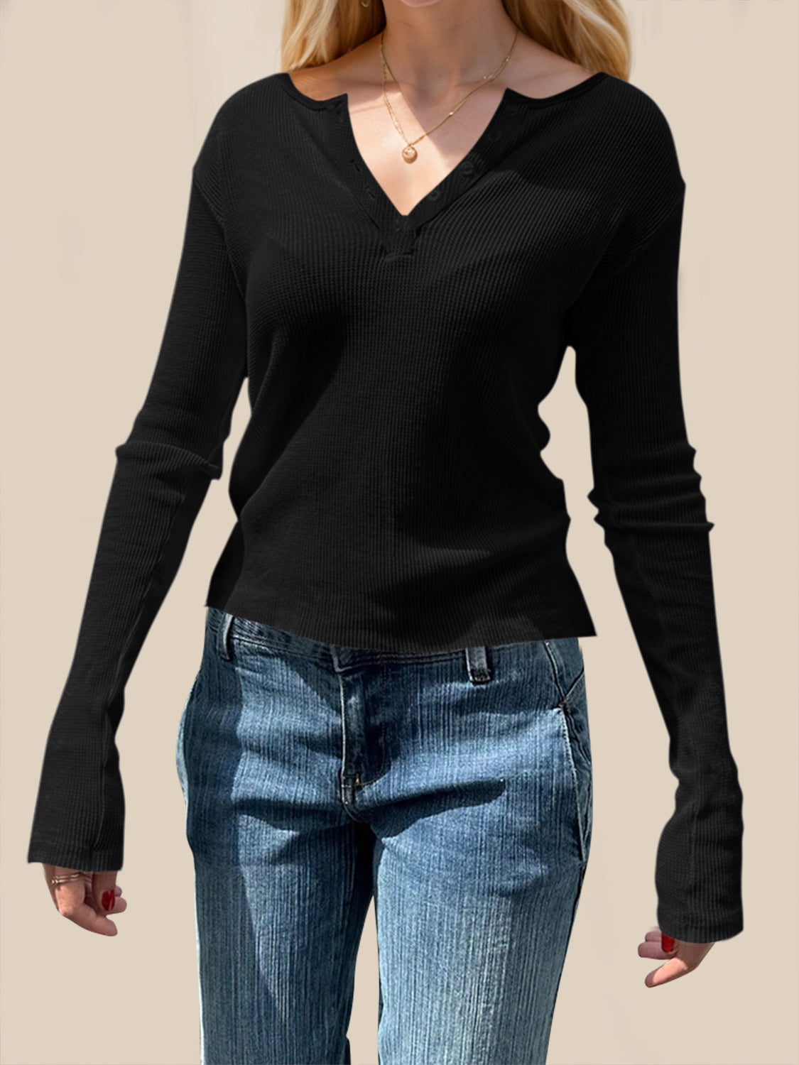 Devine Quarter Button Long Sleeve T-Shirt - Ladyez