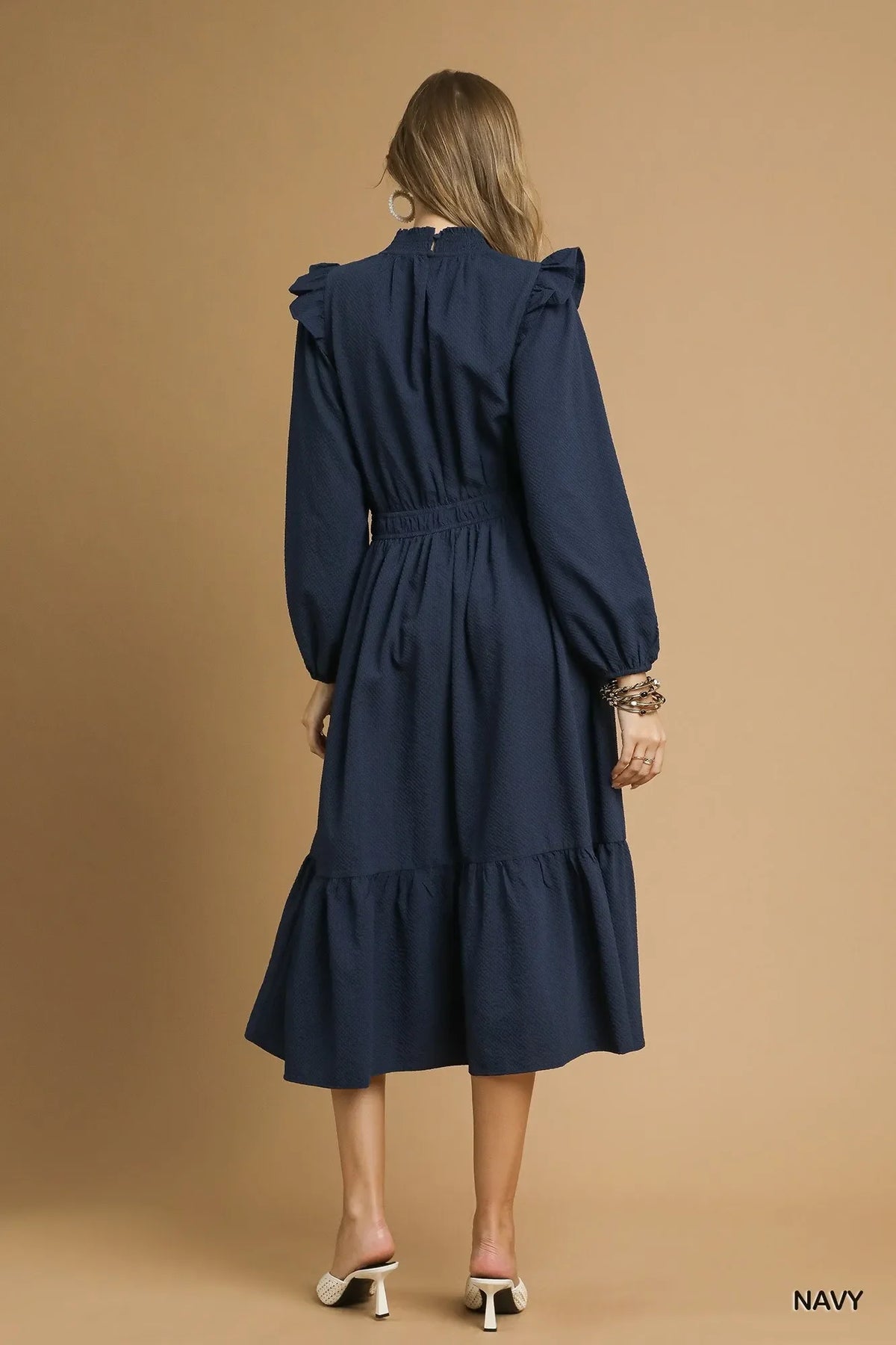 Umgee Textured Midi Dress with Ruffle Shoulder Detail