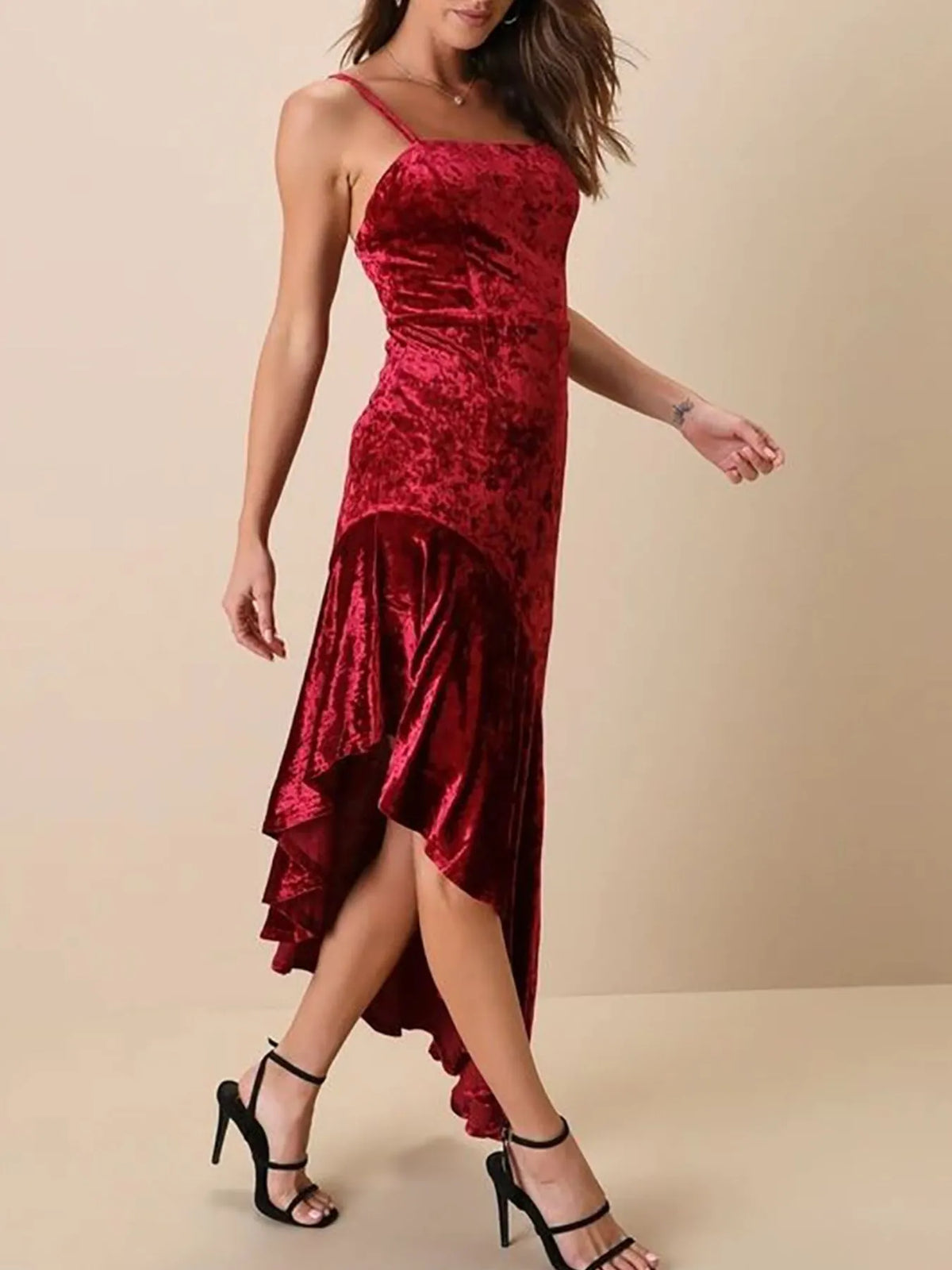 Asymmetrical Velvet Cami Dress with Ruffle Hem - Ladyez