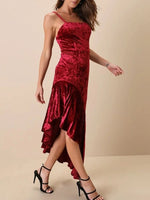 Asymmetrical Velvet Cami Dress with Ruffle Hem - Ladyez