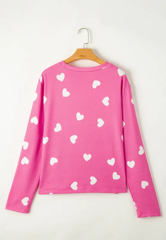 Heart Round Neck Long Sleeve Top and Elastic Waist Shorts Set - Ladyez