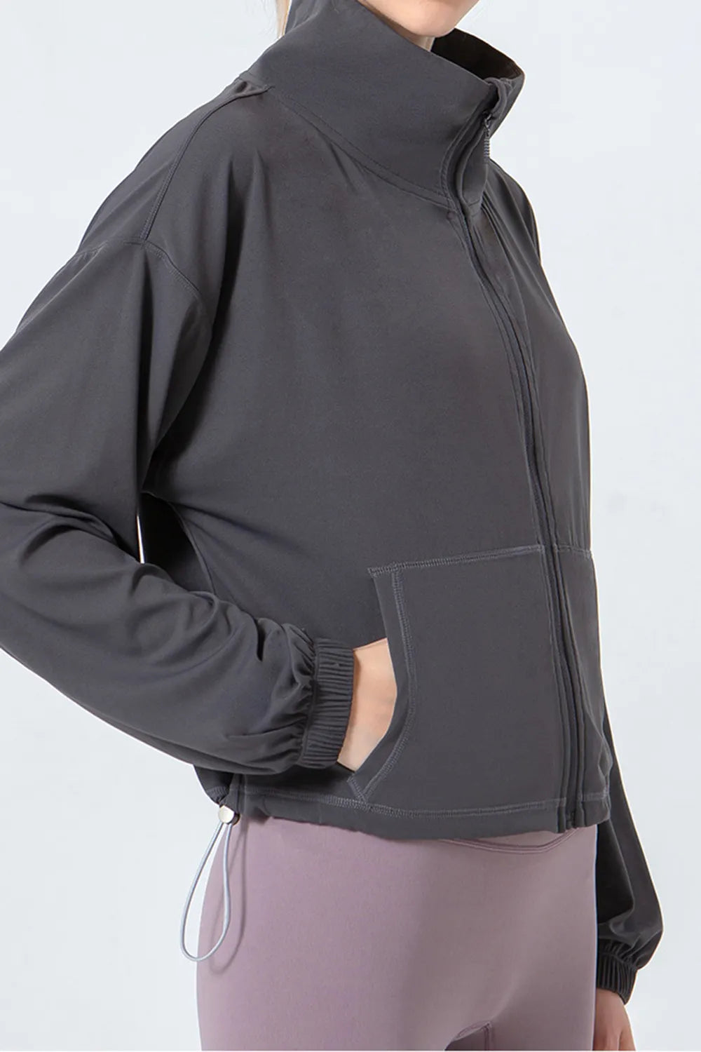 Drawstring Zip Up Dropped Shoulder Active Outerwear - Ladyez