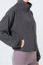 Drawstring Zip Up Dropped Shoulder Active Outerwear - Ladyez