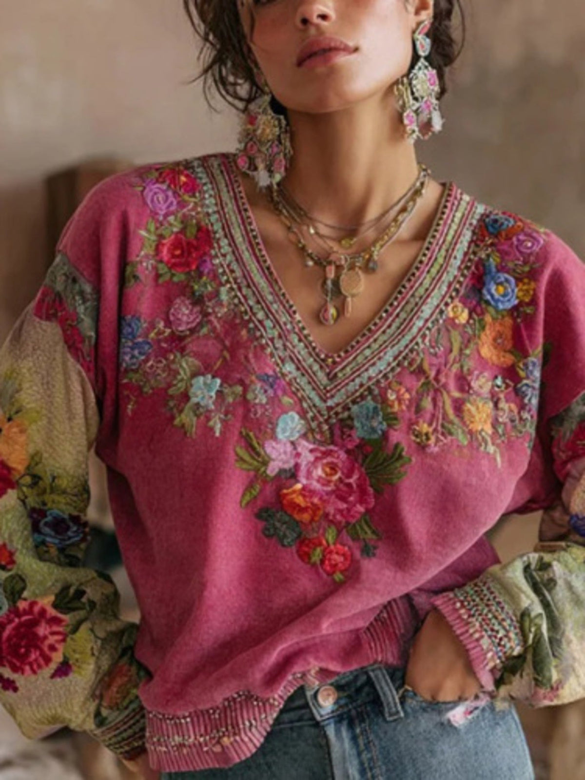 Full Size Floral Embroidered V-Neck Blouse Plus Size