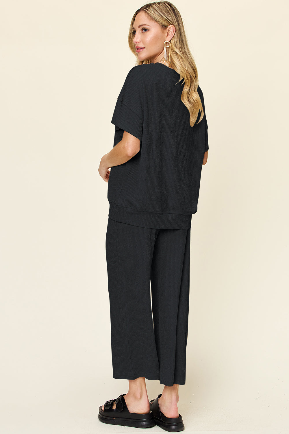 Double Take Full Size Texture Round Neck Short Sleeve T-Shirt and Wide Leg Pants - Ladyez