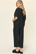 Double Take Full Size Texture Round Neck Short Sleeve T-Shirt and Wide Leg Pants - Ladyez