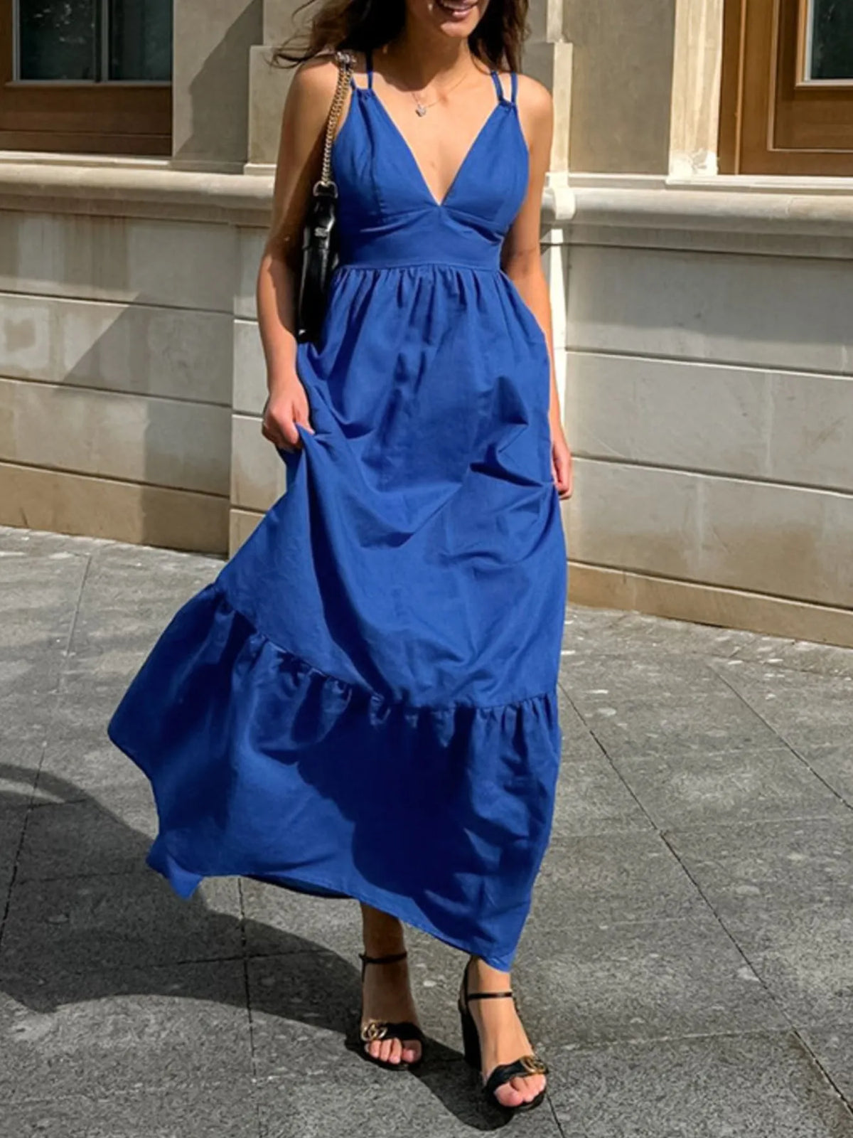 V-Neck Tiered Maxi Cami Dress - Ladyez