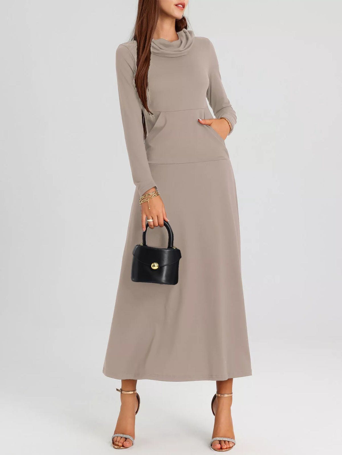 Cowl Neck Long Sleeve Midi Dress