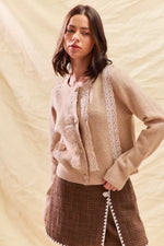 SO ME Front Lace Trim Button Cardigan Sweater