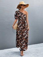 Printed Tie Waist One Shoulder Maxi Dress - Ladyez