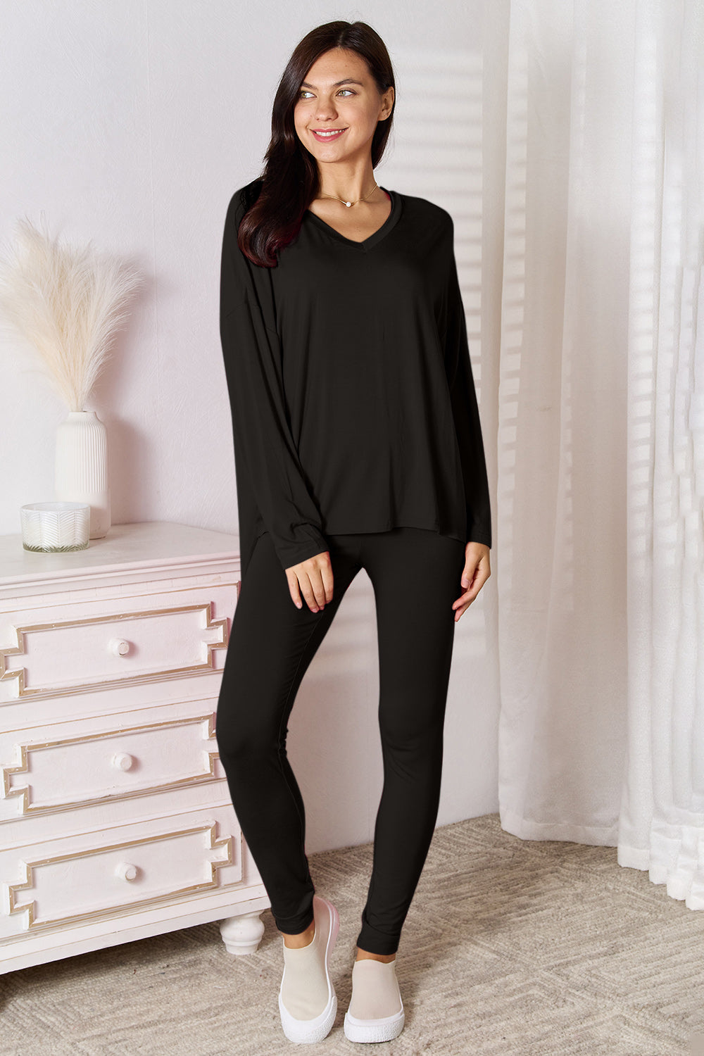 Basic Bae Full Size V-Neck Soft Rayon Long Sleeve Top and Pants Lounge Set - Ladyez